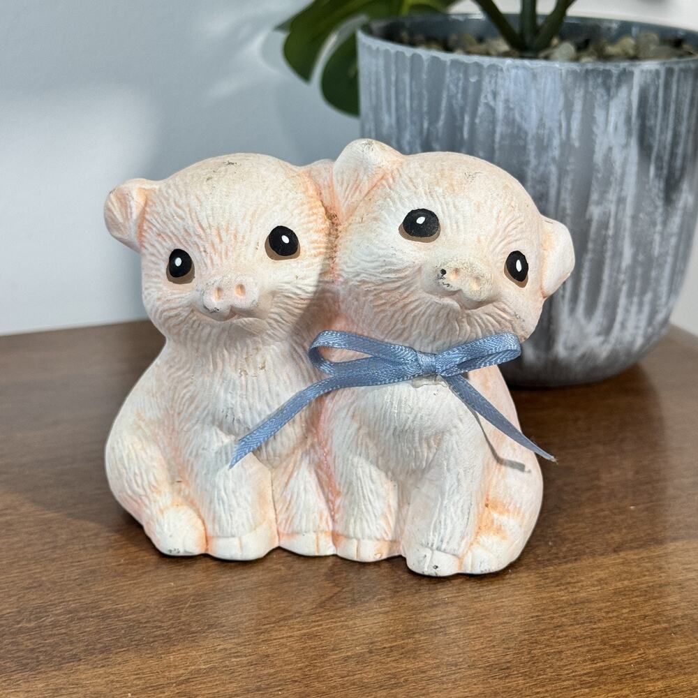 Vintage Ceramic Piglet Figurine Duo Sculpture Pink Blue Ribbon Collectible